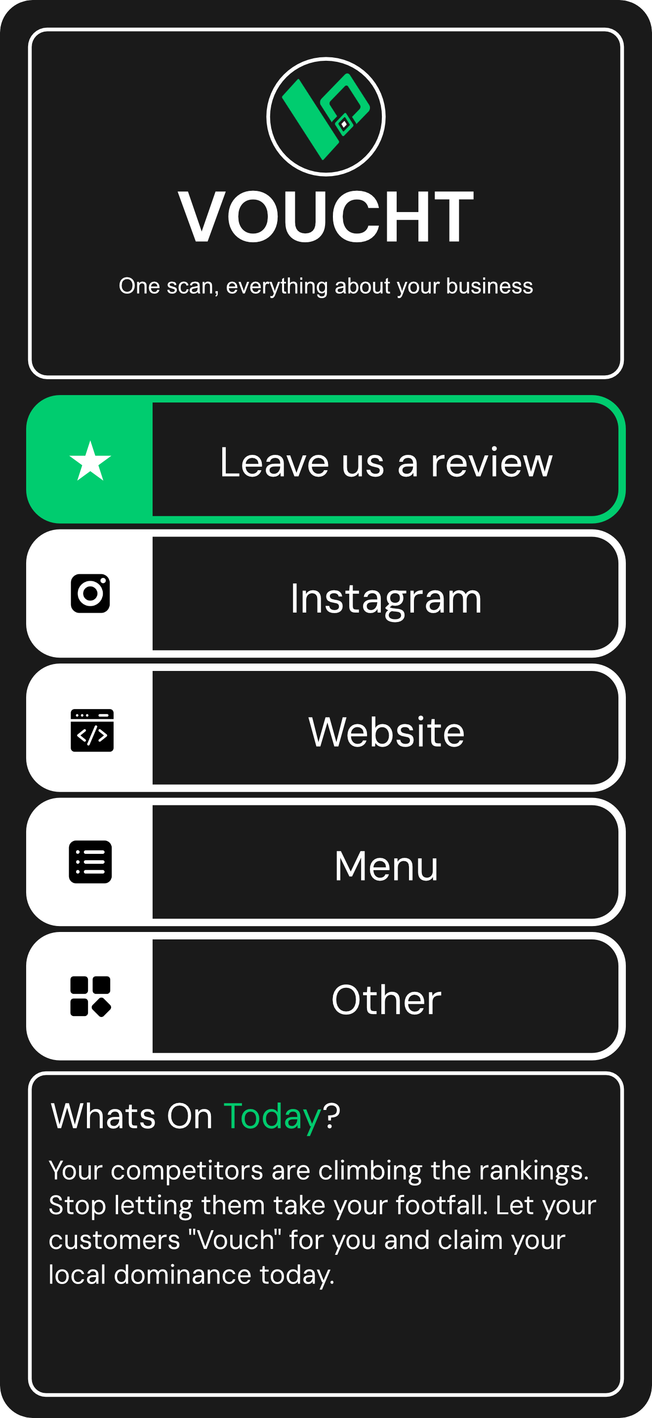 Hub page mockup showing Voucht hub with review button, Instagram, website and menu links